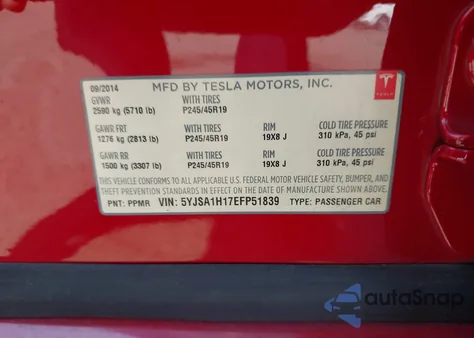 2014 Tesla Model S P85 из США, поврежденный, VIN 5YJSA1H17EFP51839